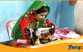 A special child is stitching a dress by a sewing machine in Autism Buddhi Protibondhi Biddaloy, Gaibandha