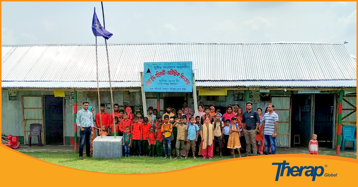 Therap Global team took a group picture with all the teachers and individuals of Durgapur Buddhi Protibondhi and Autistic school, Rangpur