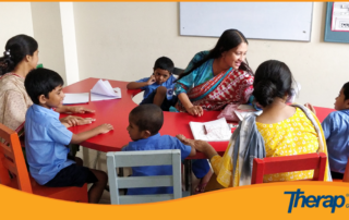 Teacher is teaching the special need children in Autism Welfare Foundation