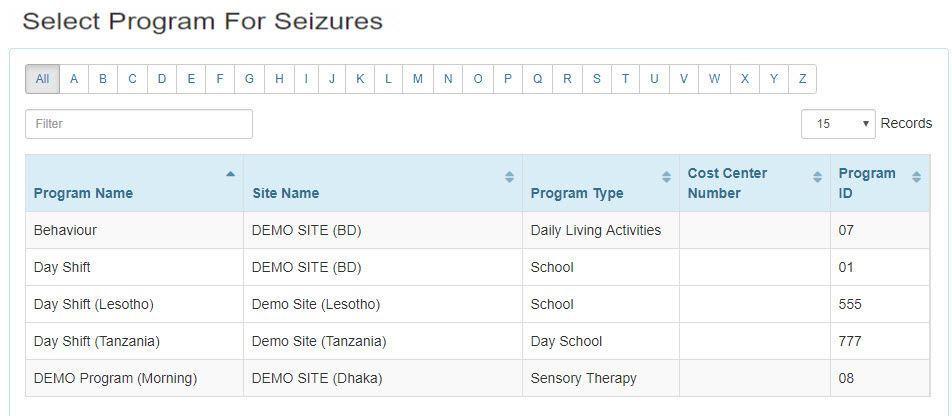 Seizure- Program list select program from isp program list