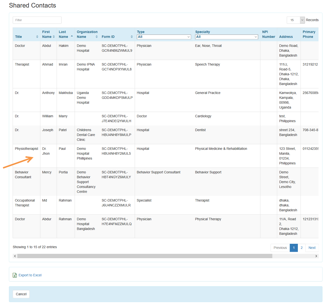 shared contact list ISP program on therap dashboard