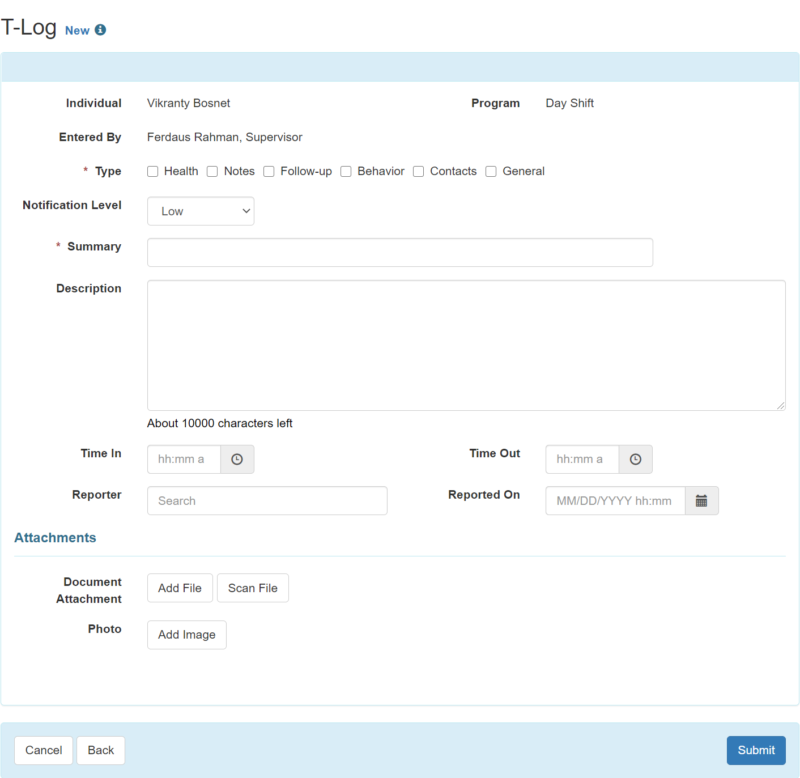 Create New T-Log - Therap Global