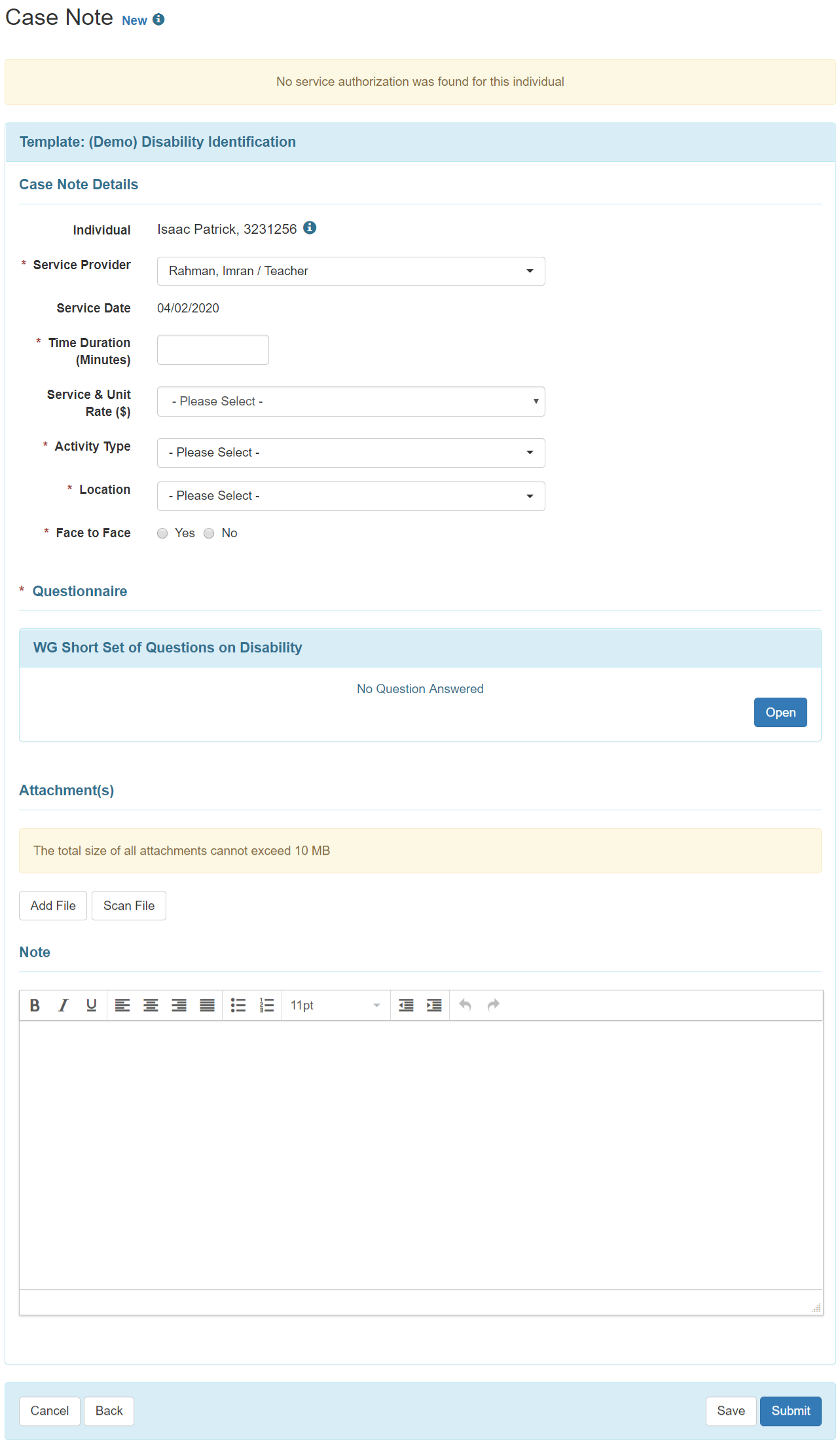 Case Note Page