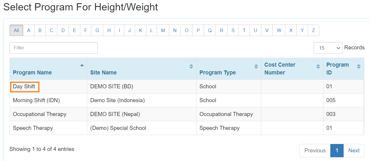 Height Weight ISP program on therap dashboard