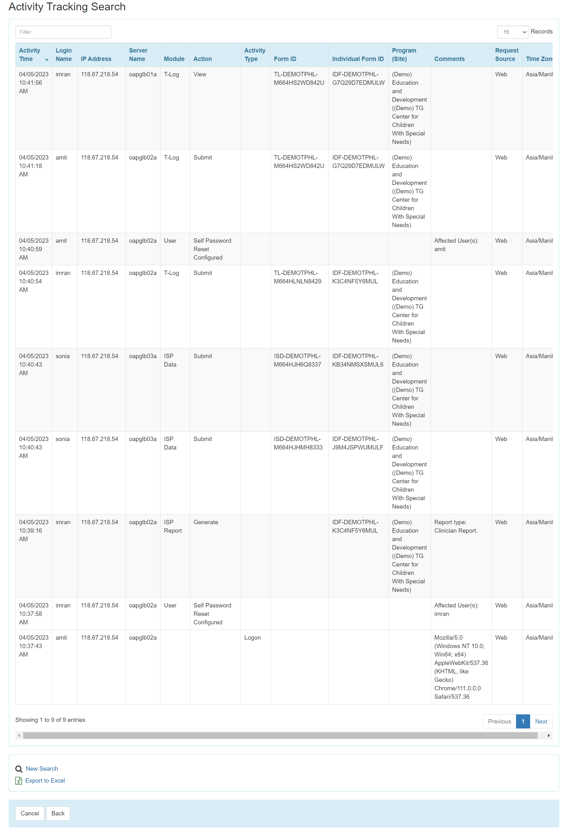 Activity Tracking Search Result select program from isp program list