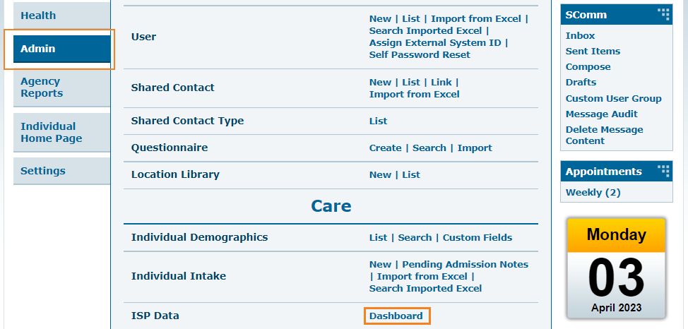 Admin tab dashboard ISP program on therap dashboard