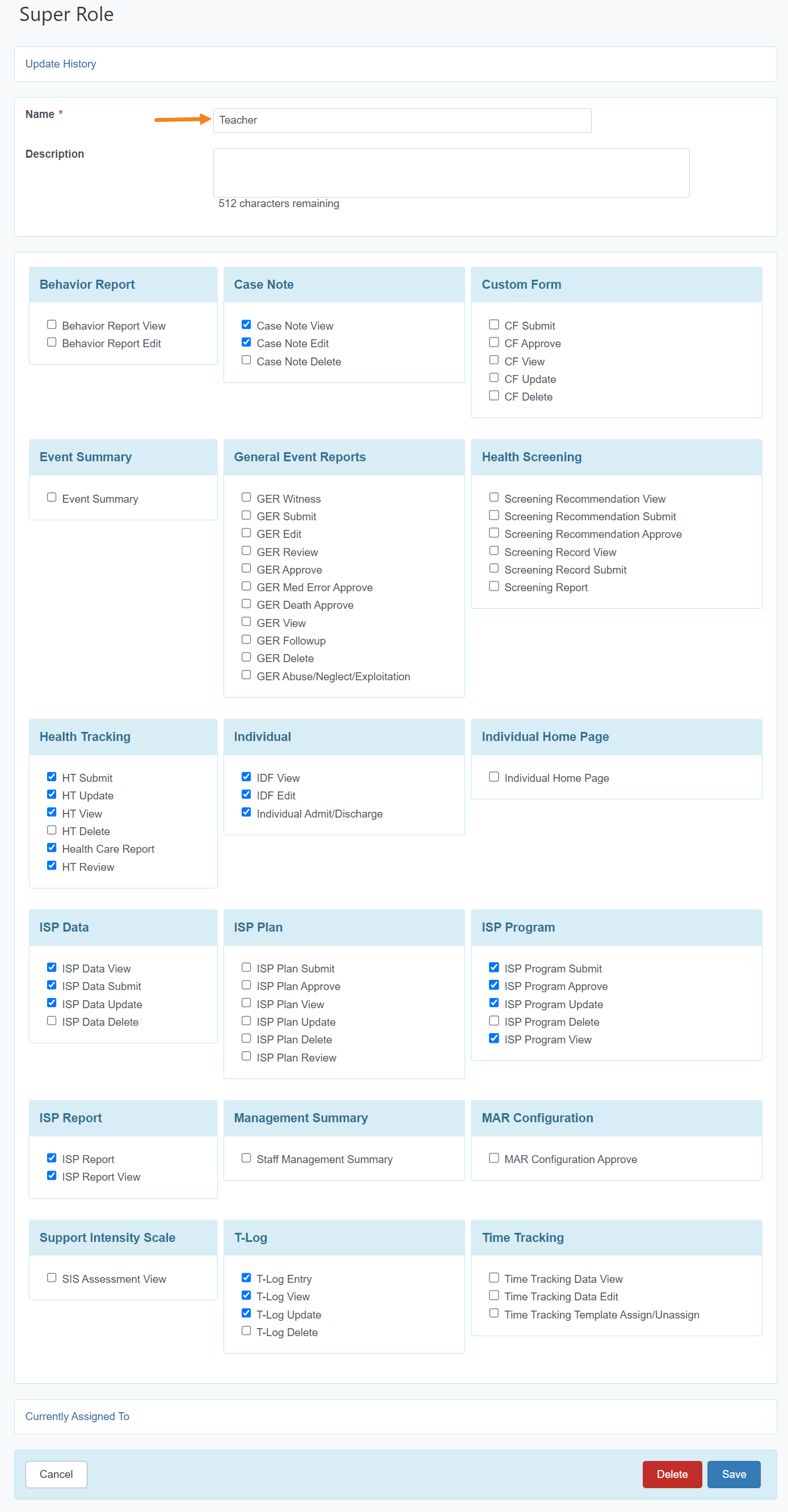 Edit Super Role page ISP program on therap dashboard