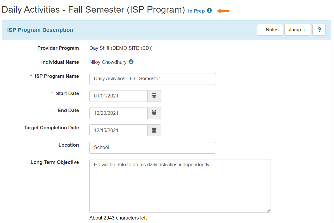 Image 6 ISP program on therap dashboard