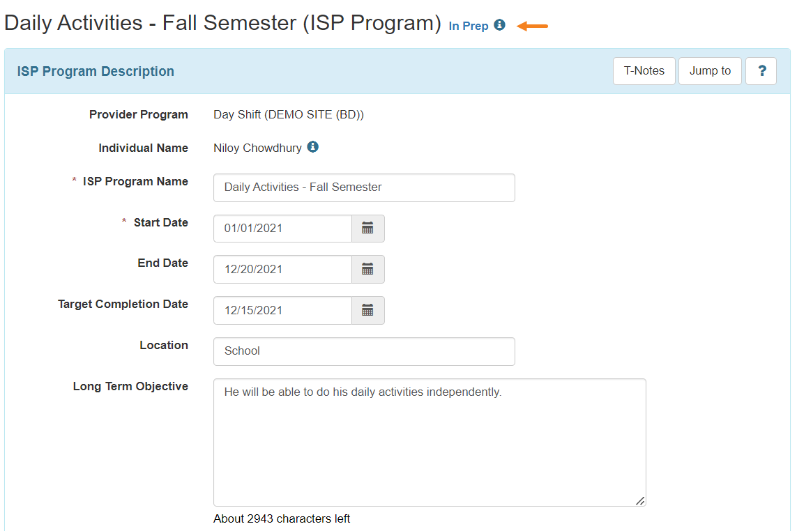 ISP program on therap dashboard