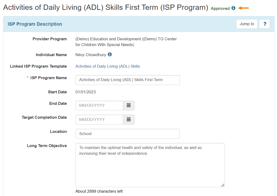 ISP program on therap dashboard