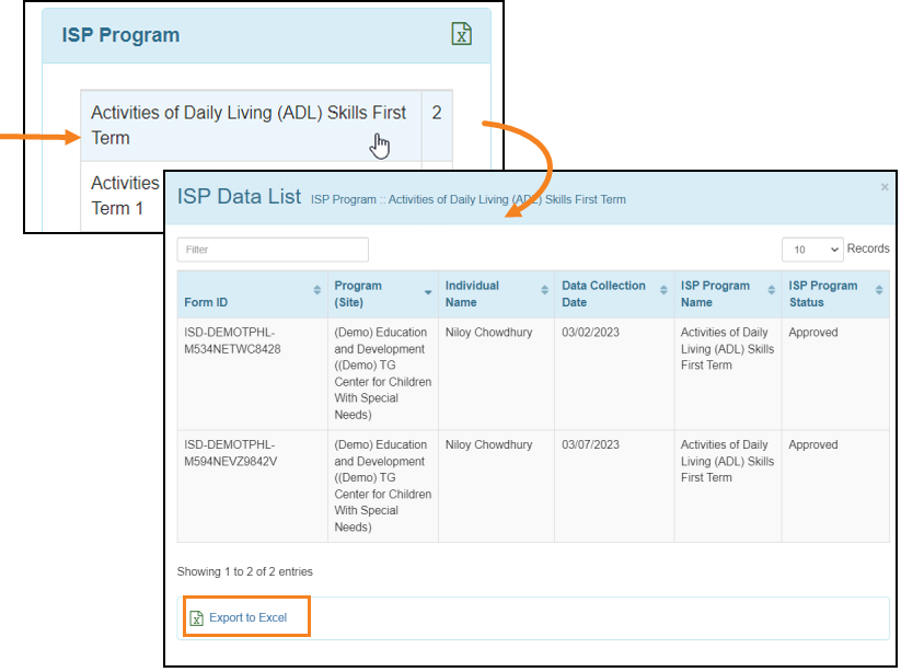 clicking on the count select program from isp program list