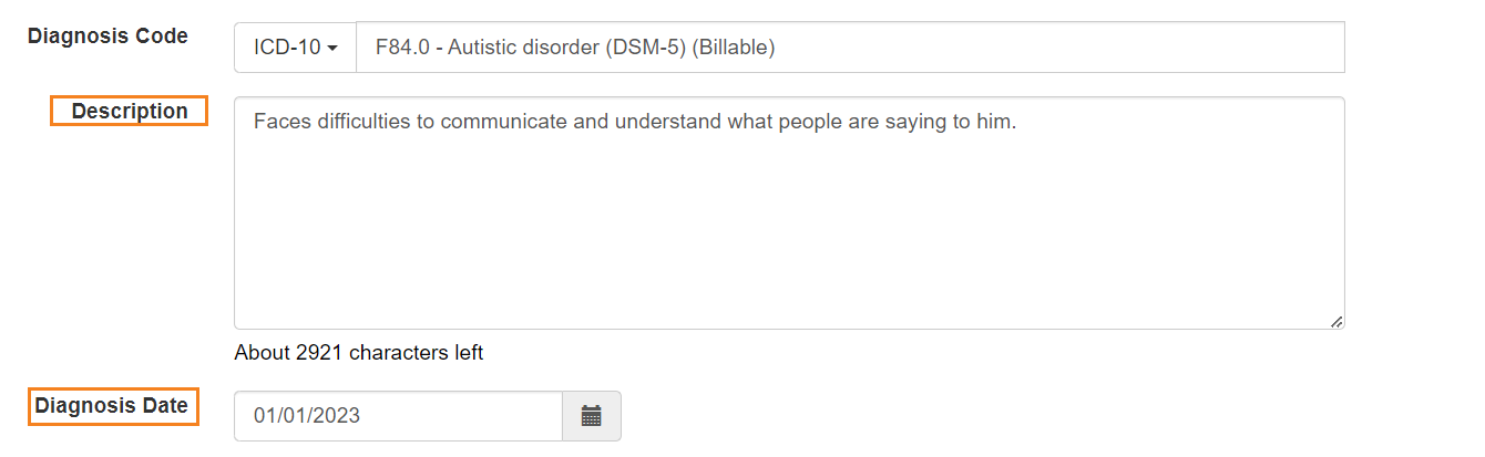 diagnosis description and date