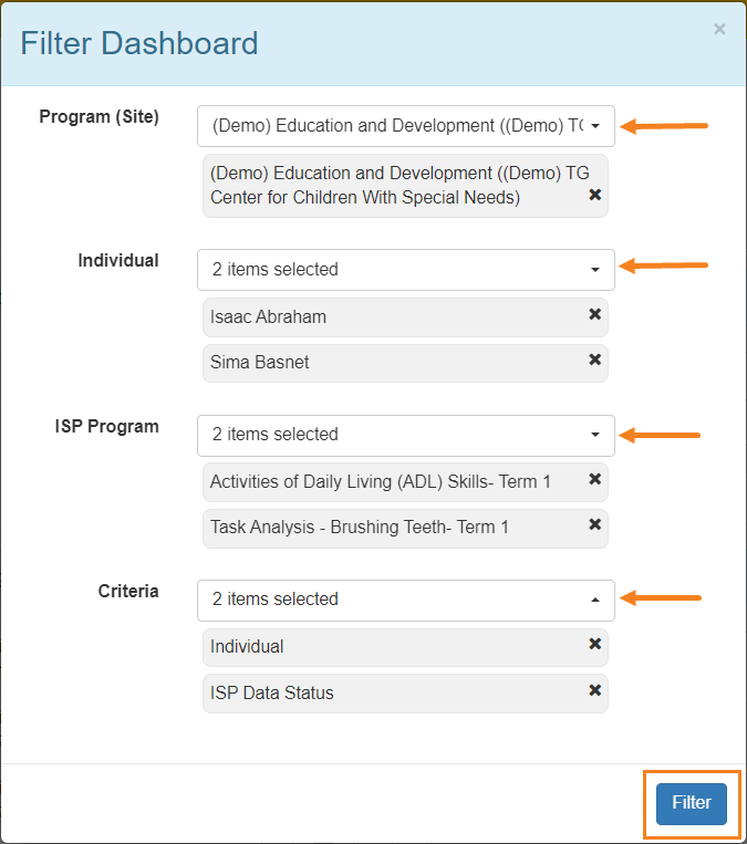 filter dashboard select program from isp program list