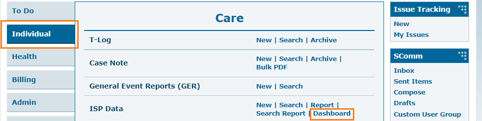 individual tab dashboard ISP program on therap dashboard