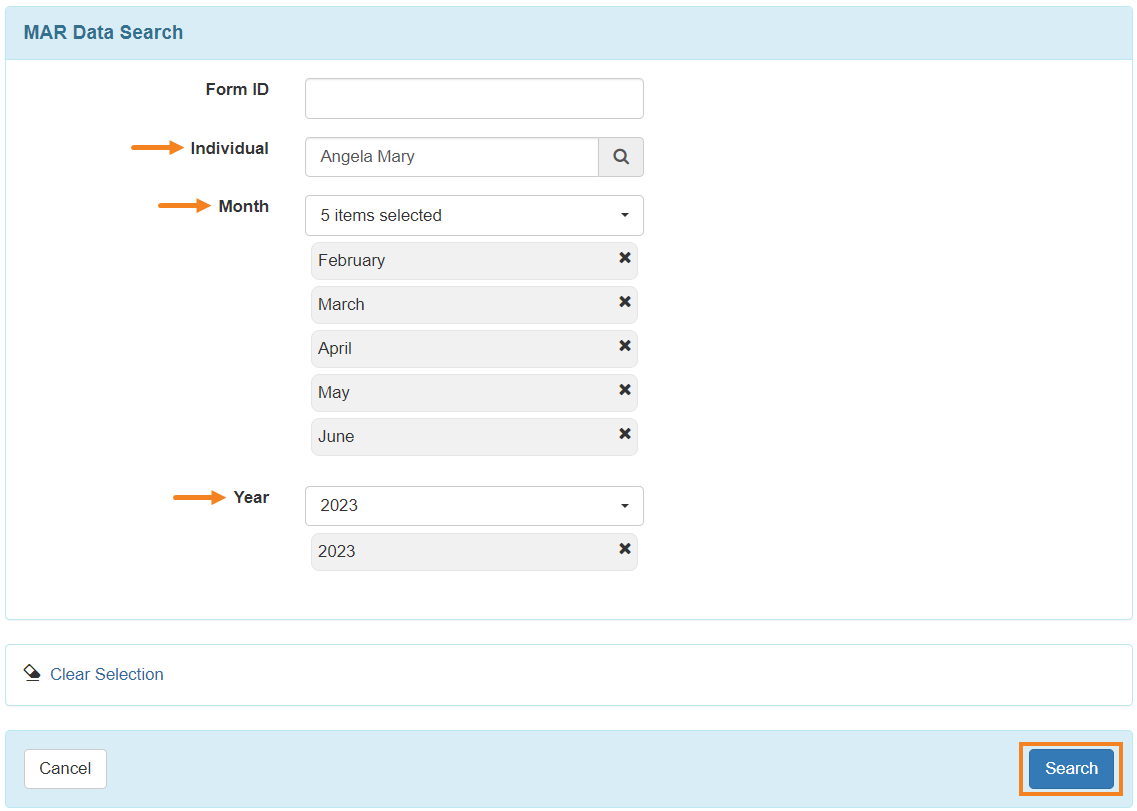 MAR Data Search Page ISP program on therap dashboard