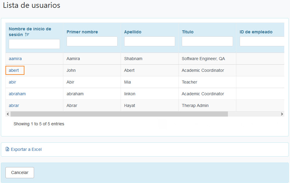 USER LIST ISP program on therap dashboard