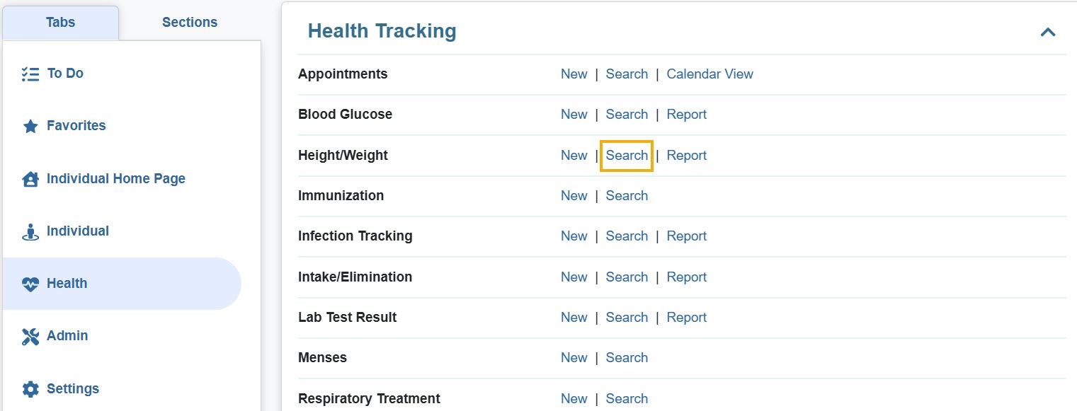 1 Height Weight Search ISP program on therap dashboard